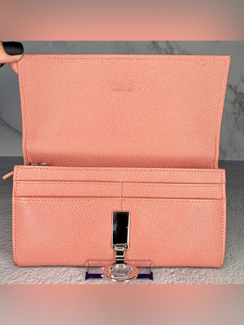 Bvlgari Coral Peach Leather Continental Wallet Signature Ring Clasp Full Set